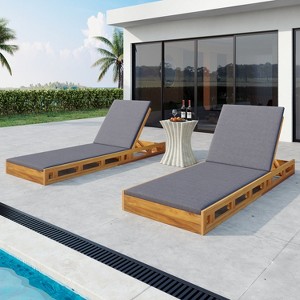 Christopher Knight Home Klayton Outdoor Acacia Wood Adjustable Chaise Lounge with Water-Resistant Cushion and Slatted Base (Set of 2) - 1 of 4