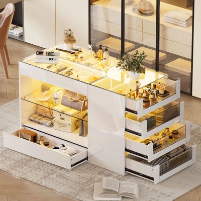 PAKASEPT Glass-Top Closet Organizer White Dressing Island Ample Storage Dresser, 8 Drawer and 2 Shelf