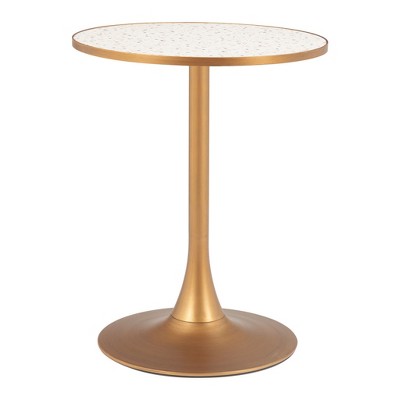 HomeRoots 24" Beige and Gold Wood and Steel Pedestal Base Round Top Dining Table