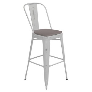 Emma and Oliver Distressed Metal Stools with Backs and Polystyrene Seats for Indoor/Outdoor Use - 1 of 4