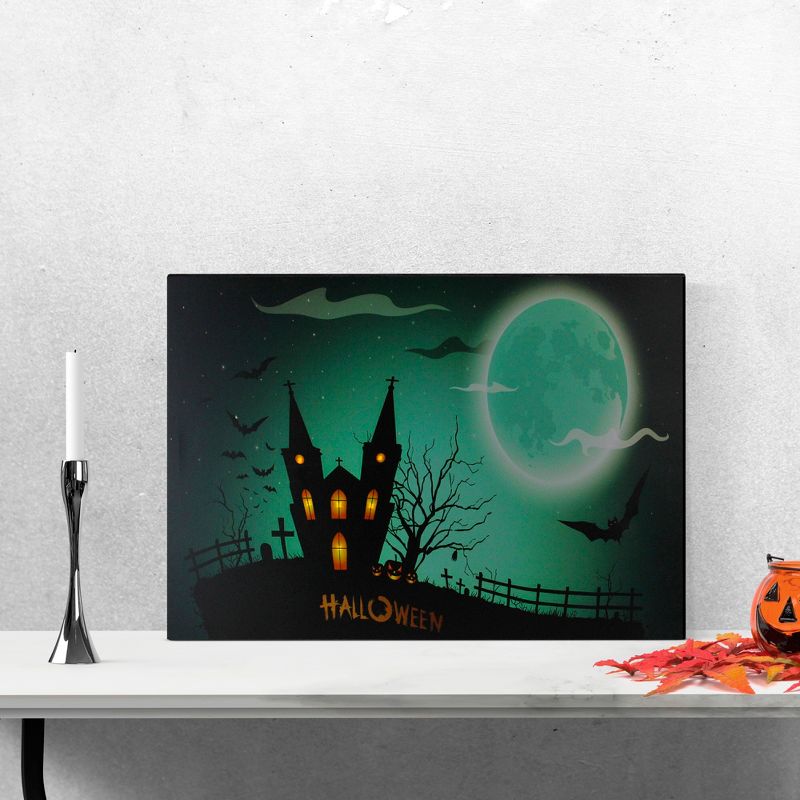 Northlight 23.5" Halloween Prelit LED Church in Cemetery Canvas Wall Art - Teal Blue/Black, 2 of 5
