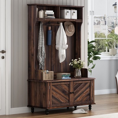 TIRAMISUBEST Retro Legs Hall Tree with 4 Hooks, Entryway Storage Bench with Cabinet and Open Compartments