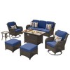 Ovios Orlando 7pc Brown Wicker Outdoor Patio Furniture Conversation Sofa Set with a Rectangle Fire Pit, Swivel Chairs and Cushions - 2 of 4