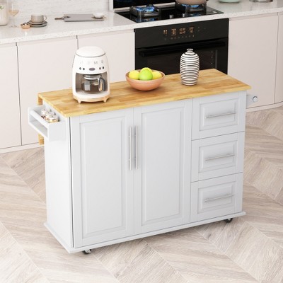 VASIP Kitchen Island Cart, Folding Storage Dining Table with Door Cabinet and Two Drawers with Spice Rack,Towel Rack