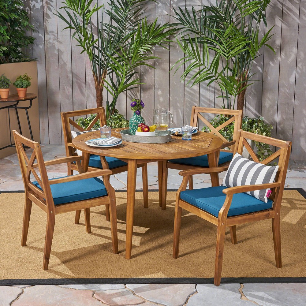 Pines 5pc Acacia Wood Dining Set - Teak/Blue - Christopher Knight Home ...