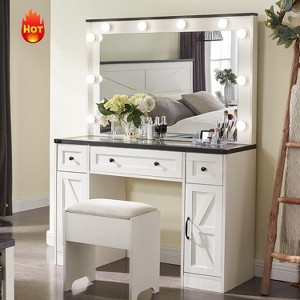 OKD Vanity Tables with 3 Visible Drawers, Farmhouse Vanity Desk with Lights Makeup Mirror - 1 of 4