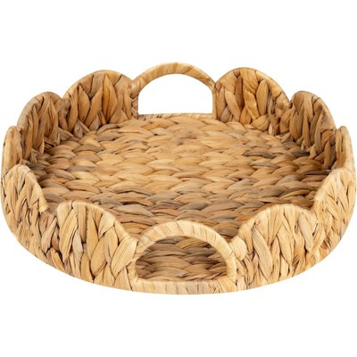 BRINJOY Scalloped Round Water Hyacinth Tray - Handwoven Rattan Tray with Handles