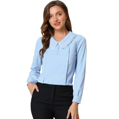 INSPIRE CHIC Women's Peter Pan Collar Crochet Trim Long Sleeve Work Office Blouse