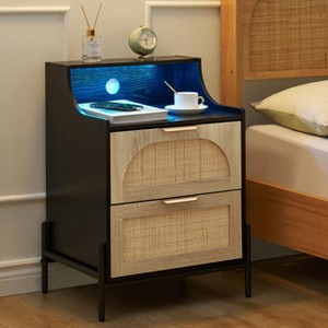 2-Pack Wooden Rattan Nightstand - Bedside Table with Charging Station, LED Lights, USB Ports & Outlets, Modern for Bedroom, Living Room - 1 of 4