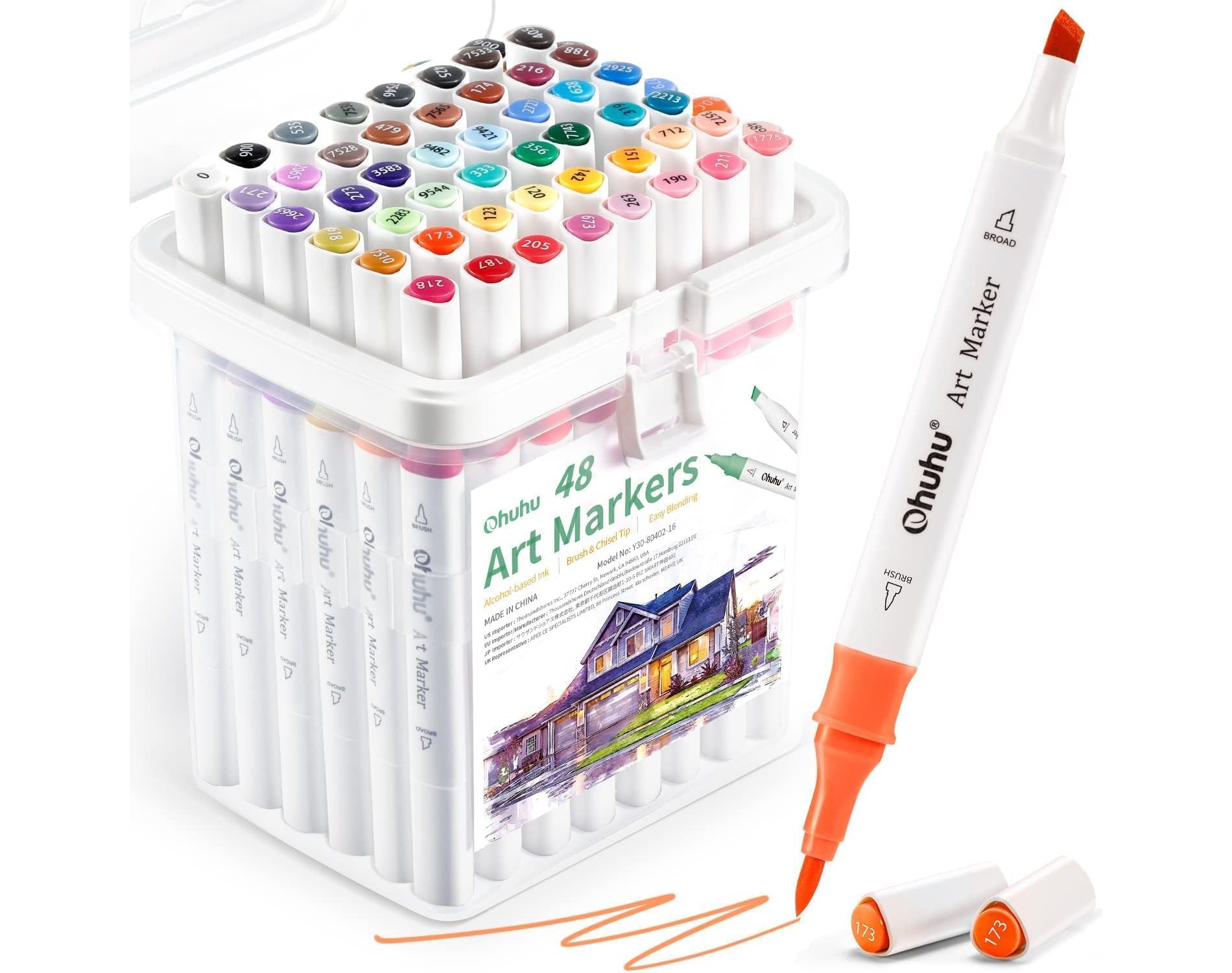 Ohuhu Brush Markers Alcohol Based: Double Tipped Art Sketch Drawing Markers - Brush& Chisel - 48-color w/Marker Storage Case