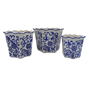 Sagebrook Home 3pc Chinoiserie Dahlia Ceramic Planter Pots: Hexagon, Hand-Painted, No Drainage Hole(s) - 1 of 1
