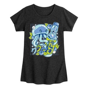 Girls' - Instant Message - Kawaii Jellyfish with Japanese Drink Fitted Short Sleeve Graphic T-Shirt - 1 of 4