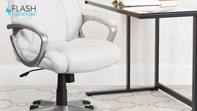 Elegant White LeatherSoft Mid-Back Swivel Office Chair with Padded Arms