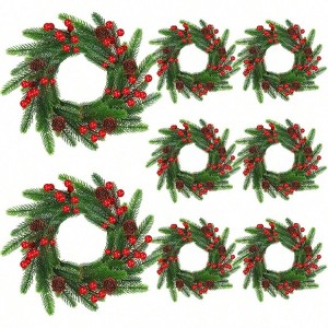 8 Pcs 11 Inch Small Candle Rings Wreaths Artificial Pine Red Berries Pine Cone Faux Christmas Table Centerpiece Decor - 1 of 4