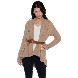 JENNIE LIU Women's 100% Pure Cashmere 4-ply Cable-knit Drape-front Open Cardigan Sweater - 1 of 3