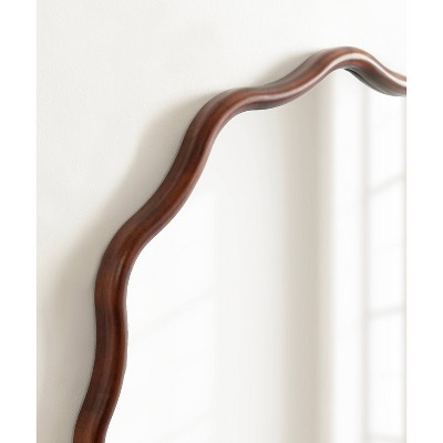 Walnut Brown 30" Round Scalloped Wood Vanity Mirror