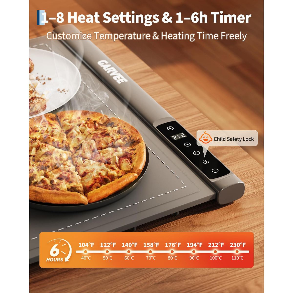 Garvee 36"x16" Large Silicone Food Warming Mat – 500W, 8 Temps, 6H Timer, Child Lock, Auto Shut-Off – Electric Warmer for Kitchen, Buffet, Parties - thumbnail 10