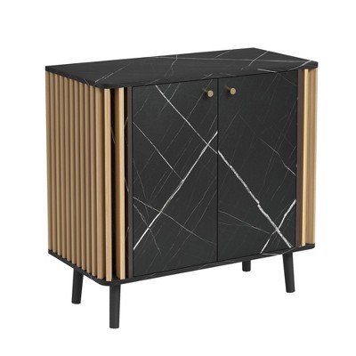 Accent Storage Cabinet,Modern Marble Texture Buffet Cabinet with Fluted Wood Strips & Adjustable Partitions,Black