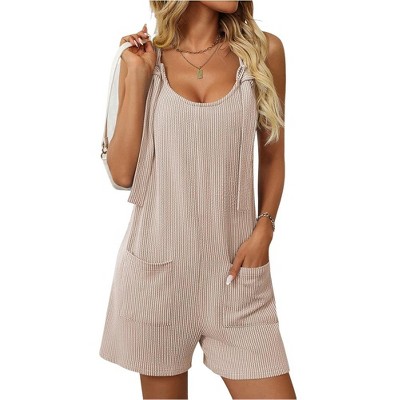 Women's Summer Casual Sleeveless Rompers Scoop Neck Striped Bib Shorts Jumpsuit Beach Overalls Vacation Outfit Clothes