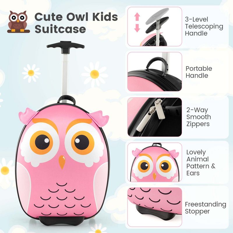 Costway 2PCS Kids Carry On Luggage Set 16'' Owl Rolling Suitcase with 12'' Backpack Travel Pink/White/Yellow, 5 of 10