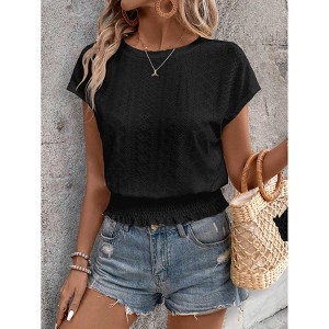 Women's Blouse Eyelet Embroidered Smocked Waist Short Sleeve Blouse Casual Crew Neck Summer Top - 1 of 4