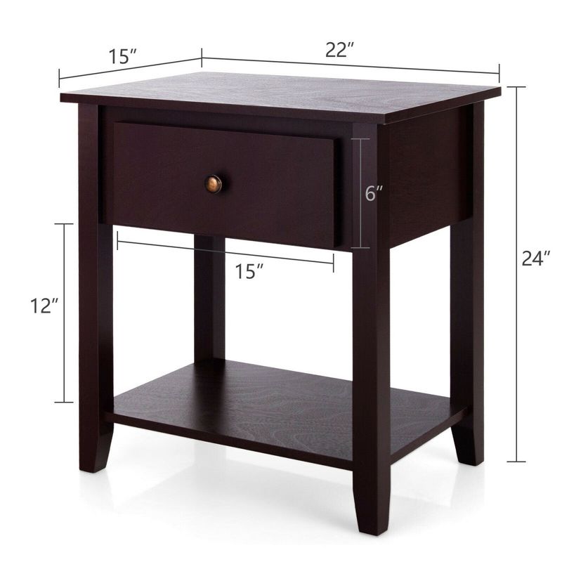 Costway 2PCS Nightstand Sofa End Side Table W/ Storage Drawer Bottom Shelf Espresso, 3 of 9