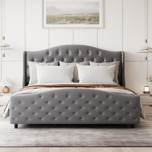 King Velvet Tufted Bed w/ Wingback Headboard & Wood Slats.,No box spring needed,Gray platform bed frame - 1 of 4