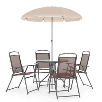 Flash Furniture Nantucket 6 Piece Patio Garden Set with Table, Umbrella and 4 Folding Chairs