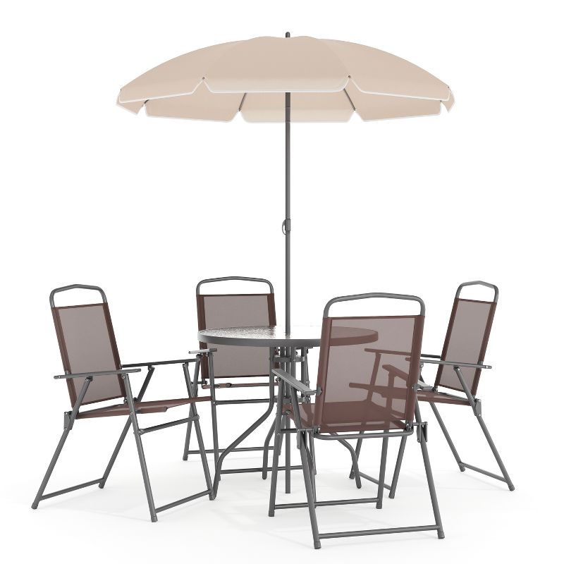 Flash Furniture Nantucket 6 Piece Patio Garden Set with Table, Umbrella and 4 Folding Chairs, 1 of 18