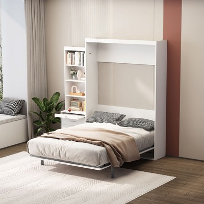 NicBex Full Size Murphy Bed Wooden Bed Frame Morden Hideaway Wall Bed with 1 Side Cabinet for Guest Room, White