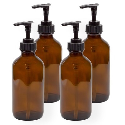 Cornucopia Brands 8oz Amber Glass Pump Bottles 4pk; Empty Boston Round Bottles w/Black Plastic Lotion Pumps