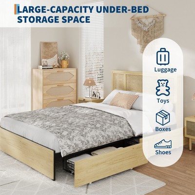 Bed Frame with Natural Rattan Headboard, Metal Platform and Strong Wooden Slats Support, No Box Spring Needed