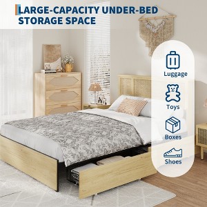 Bed Frame with Natural Rattan Headboard, Metal Platform and Strong Wooden Slats Support, No Box Spring Needed - 1 of 4