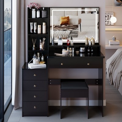 VYNXARIA 41" Large Size Left Bedside Cabinet Vanity Table&Cushioned Stool,Multi Layer High Capacity Storage,Suitable For Large Space,Black