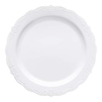 Smarty Had A Party 10" White with Silver Vintage Rim Round Disposable Plastic Dinner Plates (120 Plates)