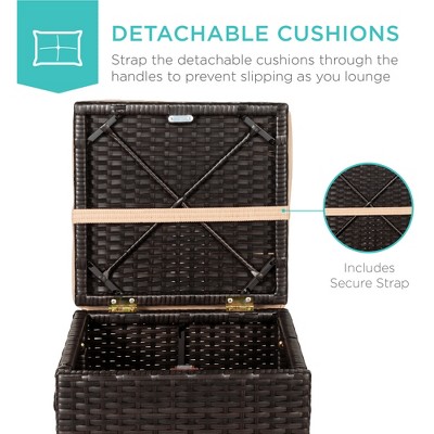 Brown Steel Frame Outdoor Wicker Ottomans with Beige Cushions