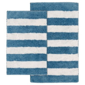 2pc Striped Washable Bathroom Rug Set Basin Blue/White - Garland Rug: Non-Skid, Nylon & Polyester, Machine Made - 1 of 4