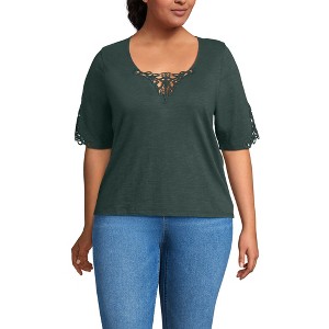 Lands' End Women's Elbow Sleeve Slub Lace Trim T-Shirt - 1 of 4