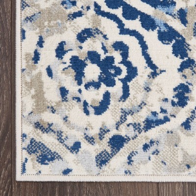 Ivory Blue Moroccan Ogee Damask Rectangular Area Rug