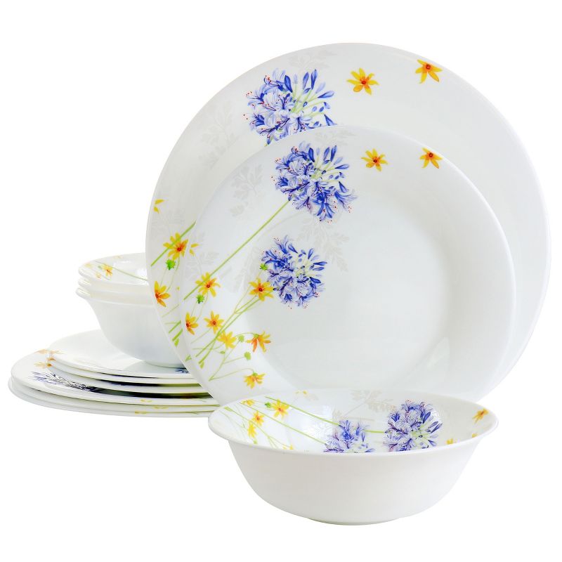 Gibson Ultra Violet Floral 12 Piece Tempered Opal Glass Dinnerware Set, 1 of 9