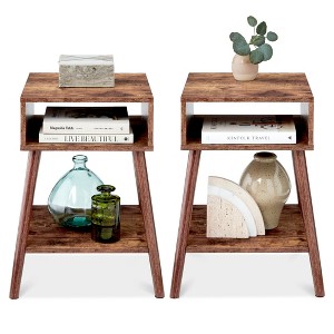 Best Choice Products Set of 2 Mid-Century Modern End Tables w/ Cubby Storage, Lower Shelf, Offset Legs - 1 of 4