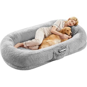 Human Dog Bed for Adult and Pets, No Assembly Required, Washable Fluffy Faux Fur, Orthopedic Dog Bed with Plump Pillow, Side Pocket, Strap-67x43x8 in - 1 of 4