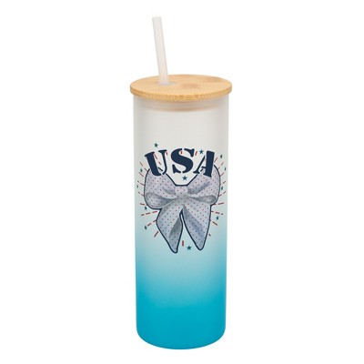 Elanze Designs 25 Ounce Frosted Glass Gradient Travel Tumbler With Straw and Wooden Lid, USA Bow Sky Blue