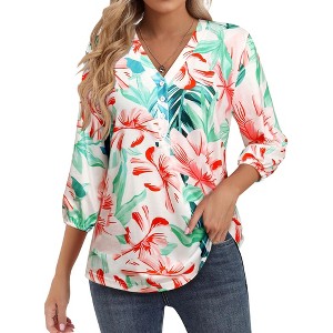Nlife Women's Casual V Neck Floral Print 3/4 Length Sleeve Blouses Tropical Hawaiian Shirt Tops - 1 of 4