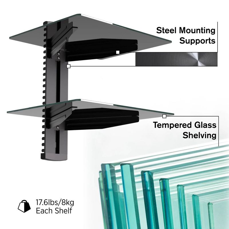 Promounts Tempered Glass Floating Double Wall Shelf, Holds Up to 35 lbs, 4 of 7