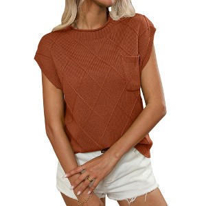 Clearlove Women’s Short Sleeve Diamond Knit Sweater with Pocket Detail Stylish Crewneck Pullover - 1 of 4