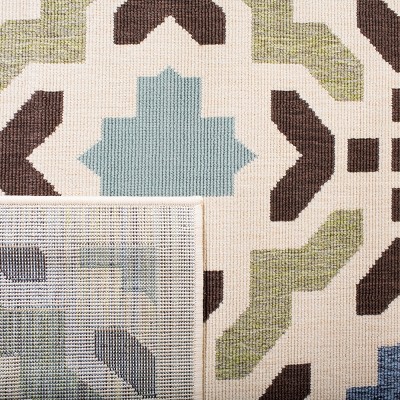 Aqua and Cream Geometric Synthetic Indoor/Outdoor Area Rug