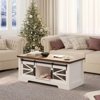 47.2" Farmhouse Rustic Lift-Top Coffee Table – Multifunctional Design with Sliding Barn Door