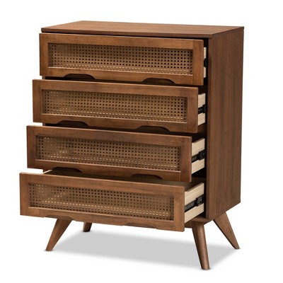 Walnut Brown Mid-Century Wood and Rattan 4-Drawer Chest