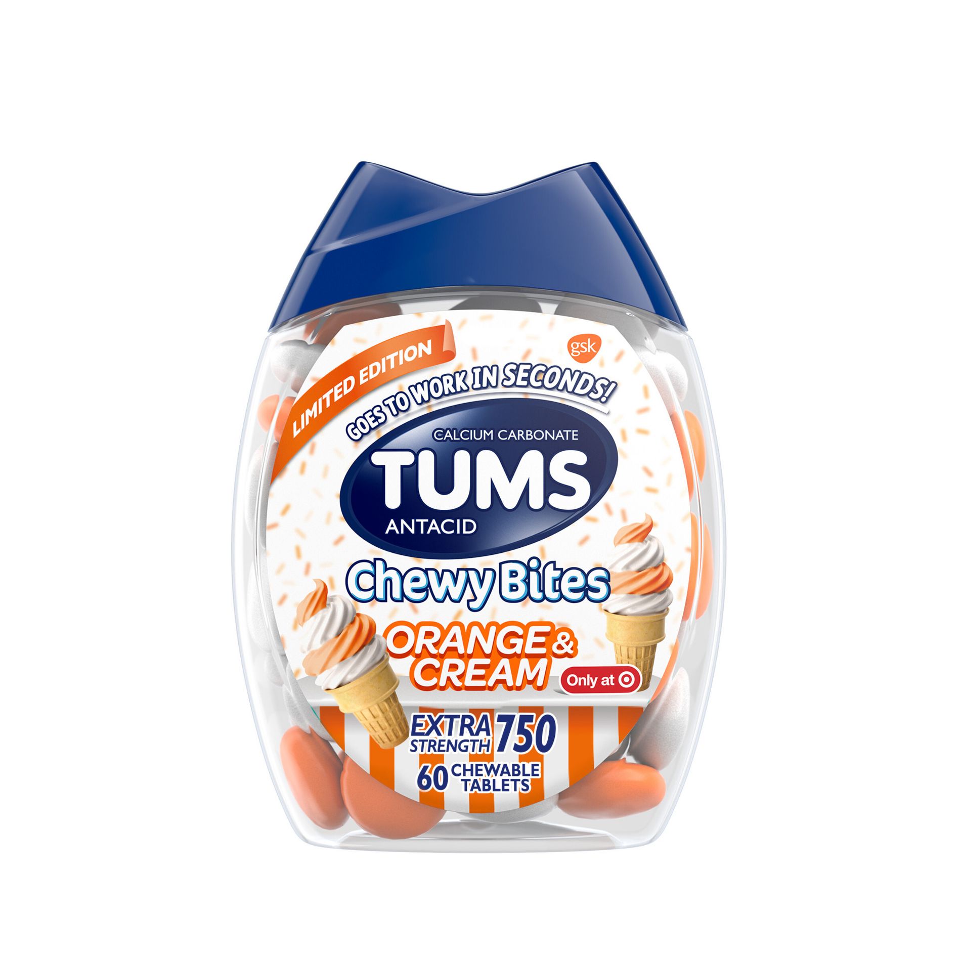 Tums Chewy Bites Orange and Cream Extra Strength Chewable Antacid for Heartburn - 60ct